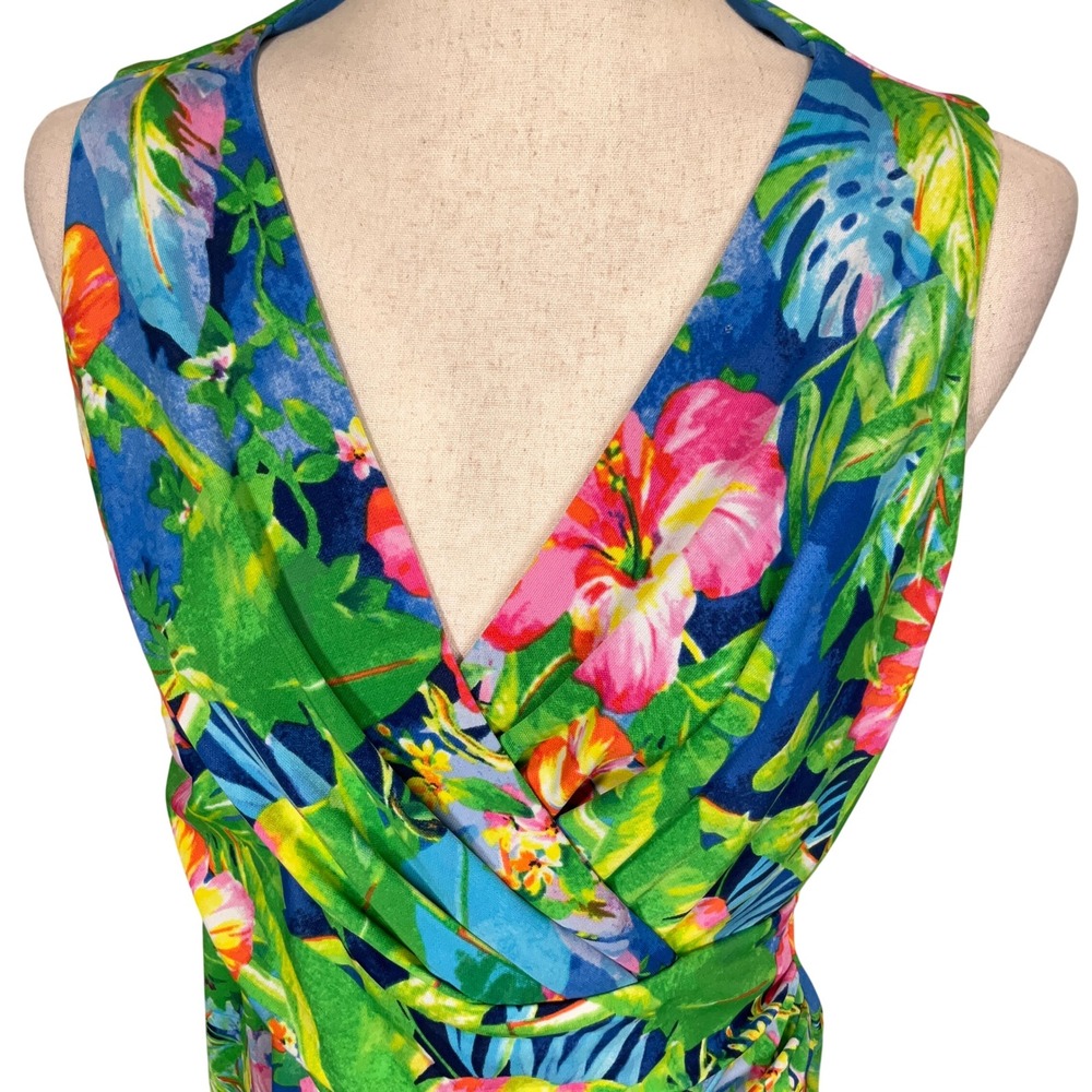 Lauren Ralph Lauren Dress Womens 12 Blue Floral Vivid Tropical Wrap Resortwear - Picture 2 of 10
